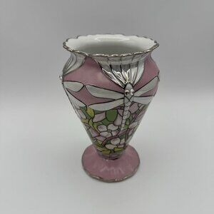 VTG Louis Tiffany Bradford Exchange Glittering Dragonflies Porcelain Vase Pink